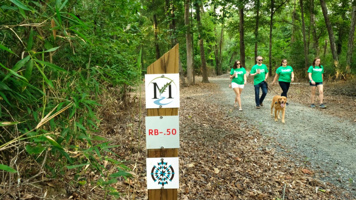 Four people in green shirts walk towards the viewer with a golden retriever, along a gravel trail. Signpost with trail information in foreground, lush forest in background.